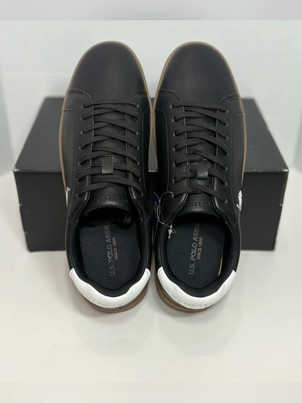 U.S. Polo Assn. Black Leather Sneakers with Brown Sole and White Heel